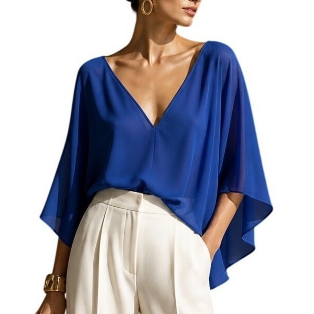 White House Black Market Royal Blue Kimono Sleeve Lace Up Back Blouse XLP